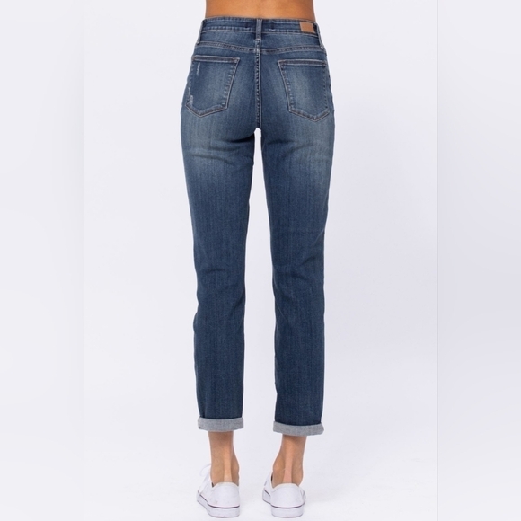 Judy Blue High Rise Patched Knee Slim Straight Cuffed Boyfriend Fit Jeans 24 - Picture 13 of 17